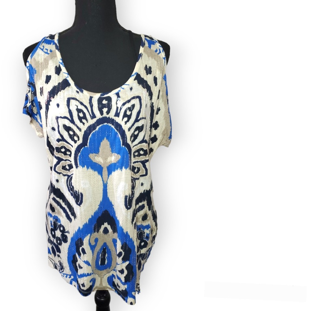 INC Sequins Ikat Cold Shoulder Top size L